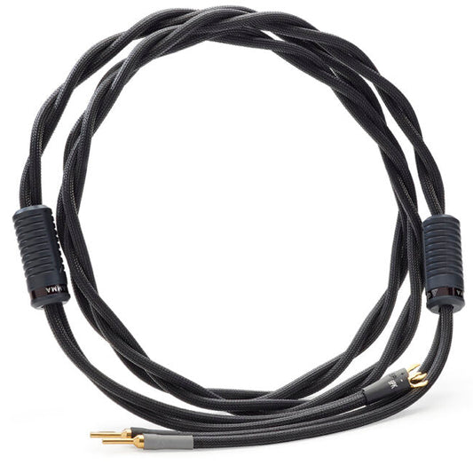 Shunyata Gamma SP speaker cable with gold connectors on a white background